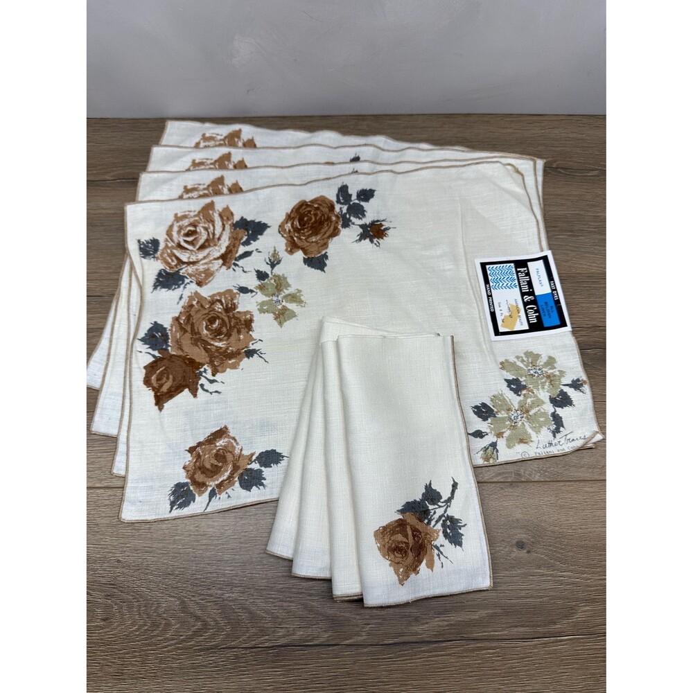 Vintage Fallani & Cohn Brown Beige Rose Belgian Linen Placemat Napkin Set